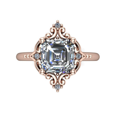 Hazel square emerald vintage filigree engagement ring in 18K Rose Gold, top-down view showing the vintage scrollwork frame and corner diamond accents around the square emerald center