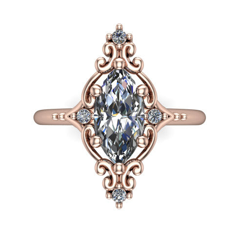 Hazel marquise vintage filigree engagement ring in 14K Rose Gold, top-down view showing the vintage scrollwork frame and corner diamond accents around the marquise center