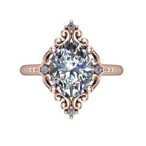 Hazel oval vintage filigree engagement ring in 18K Rose Gold, top-down view showing the vintage scrollwork frame and corner diamond accents around the oval center