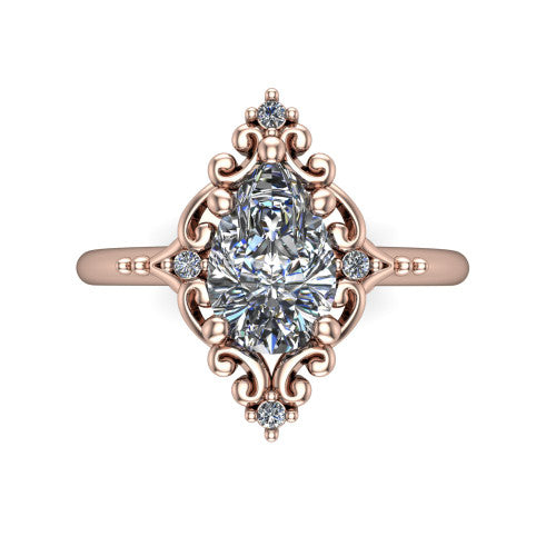 Hazel pear vintage filigree engagement ring in 18K Rose Gold, top-down view showing the vintage scrollwork frame and corner diamond accents around the pear center