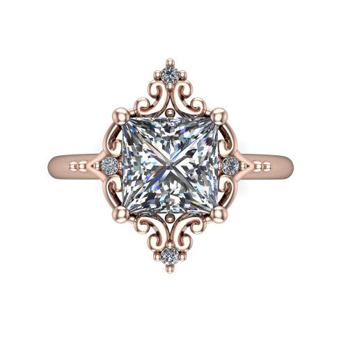 Hazel princess vintage filigree engagement ring in 14K Rose Gold, top-down view showing the vintage scrollwork frame and corner diamond accents around the princess center
