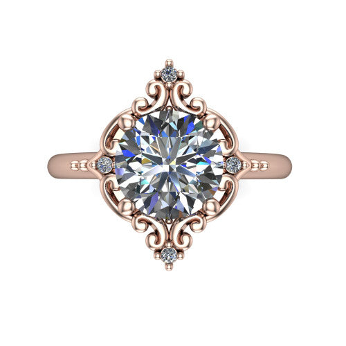 Hazel round vintage filigree engagement ring in 18K Rose Gold, top-down view showing the vintage scrollwork frame and corner diamond accents around the round center