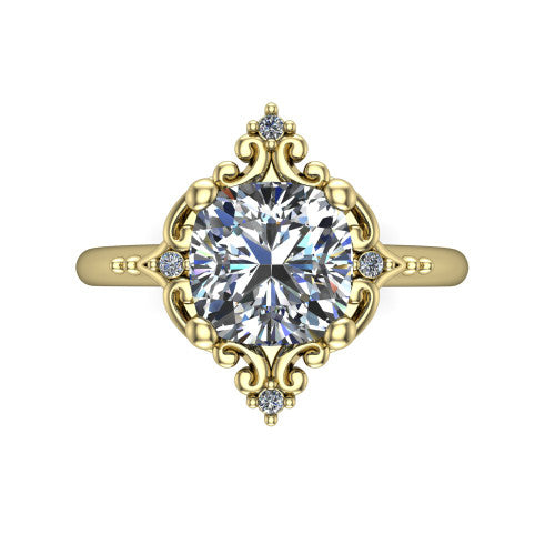 Hazel cushion vintage filigree engagement ring in 14K Yellow Gold, top-down view showing the vintage scrollwork frame and corner diamond accents around the cushion center