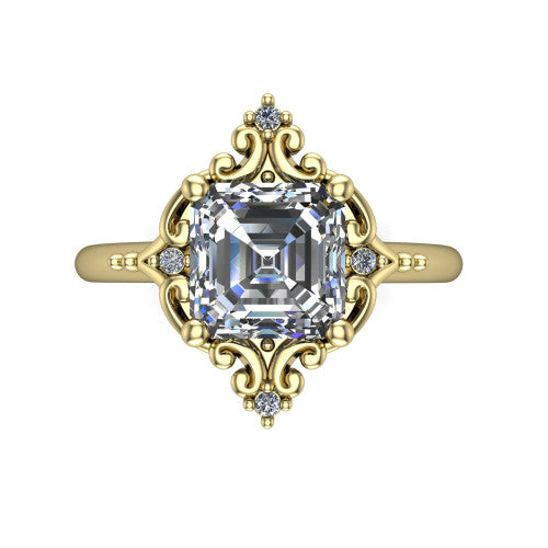 Hazel square emerald vintage filigree engagement ring in 18K Yellow Gold, top-down view showing the vintage scrollwork frame and corner diamond accents around the square emerald center