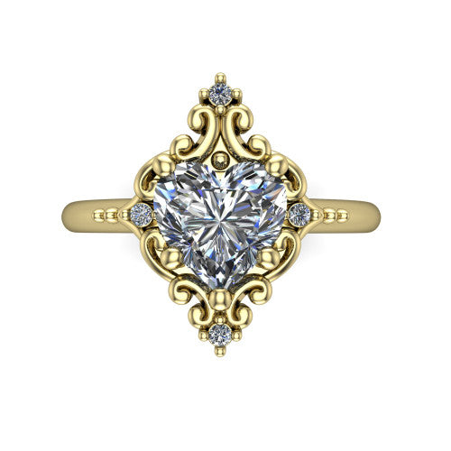 Hazel heart vintage filigree engagement ring in 18K Yellow Gold, top-down view showing the vintage scrollwork frame and corner diamond accents around the heart center