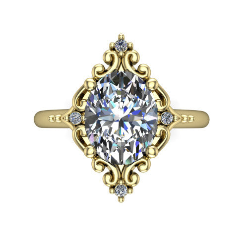 Hazel oval vintage filigree engagement ring in 14K Yellow Gold, top-down view showing the vintage scrollwork frame and corner diamond accents around the oval center