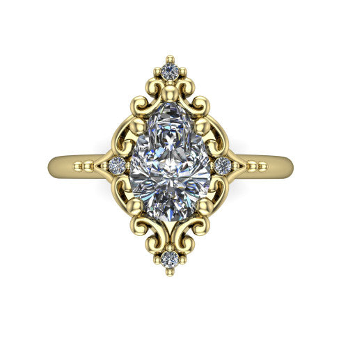 Hazel pear vintage filigree engagement ring in 14K Yellow Gold, top-down view showing the vintage scrollwork frame and corner diamond accents around the pear center
