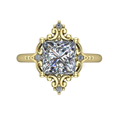 Hazel princess vintage filigree engagement ring in 14K Yellow Gold, top-down view showing the vintage scrollwork frame and corner diamond accents around the princess center