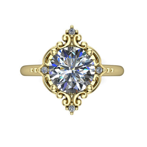 Hazel round vintage filigree engagement ring in 14K Yellow Gold, top-down view showing the vintage scrollwork frame and corner diamond accents around the round center