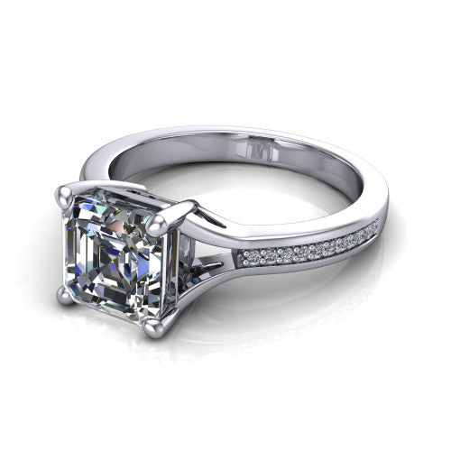 Isla square emerald classic solitaire engagement ring in 14K White Gold, three-quarter perspective showing the square emerald center on claw prongs above a channel-set pav&eacute; split shank