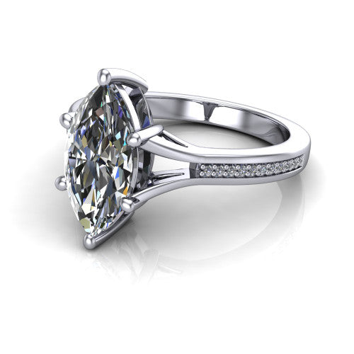 Isla marquise classic solitaire engagement ring in Platinum, three-quarter perspective showing the marquise center on claw prongs above a channel-set pav&eacute; split shank