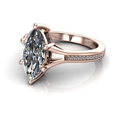 Isla marquise classic solitaire engagement ring in 14K Rose Gold, three-quarter perspective showing the marquise center on claw prongs above a channel-set pav&eacute; split shank