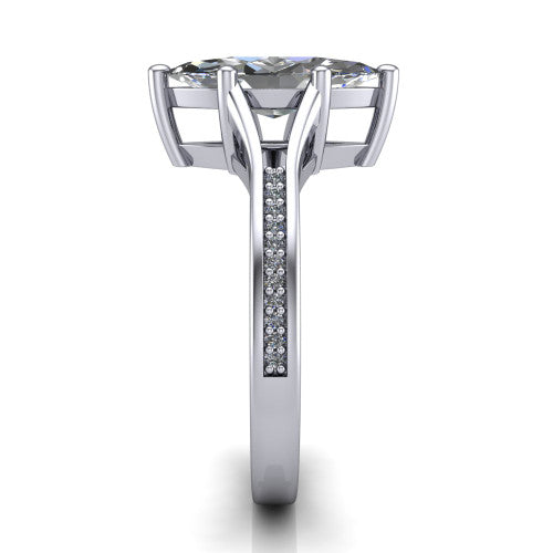 Isla marquise classic solitaire engagement ring in Platinum, side profile showing the channel-set pav&eacute; split shank with polished edges rising to the marquise center