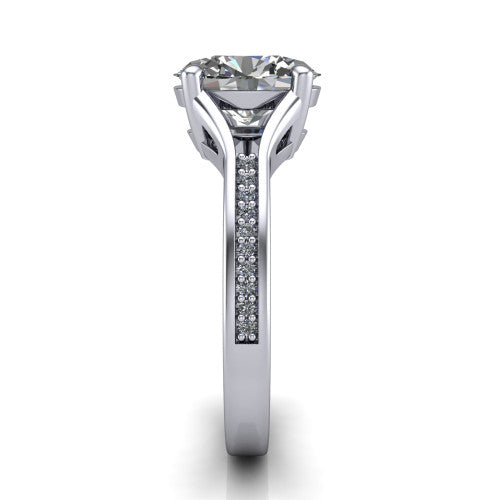 Isla oval classic solitaire engagement ring in 14K White Gold, side profile showing the channel-set pav&eacute; split shank with polished edges rising to the oval center