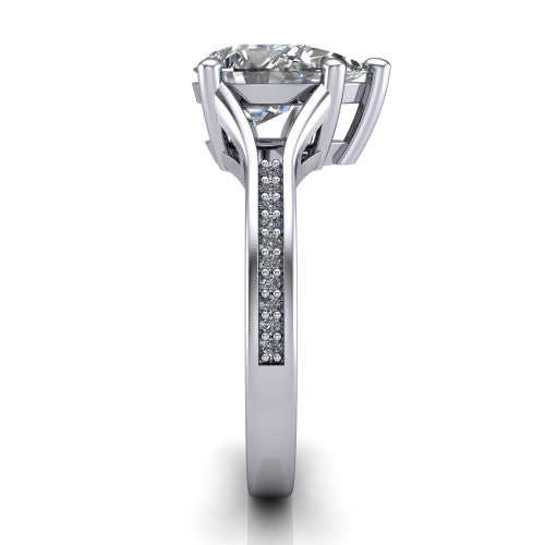 Isla pear classic solitaire engagement ring in 14K White Gold, side profile showing the channel-set pav&eacute; split shank with polished edges rising to the pear center
