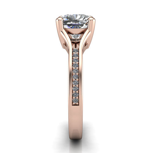 Isla cushion classic solitaire engagement ring in 18K Rose Gold, side profile showing the channel-set pav&eacute; split shank with polished edges rising to the cushion center