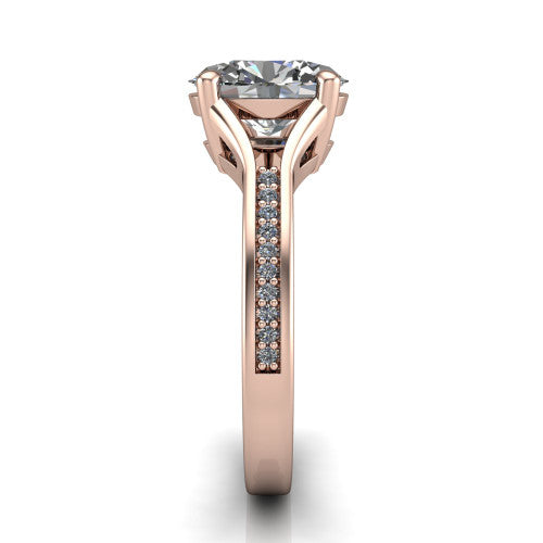 Isla oval classic solitaire engagement ring in 14K Rose Gold, side profile showing the channel-set pav&eacute; split shank with polished edges rising to the oval center
