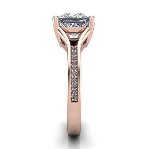 Isla princess classic solitaire engagement ring in 14K Rose Gold, side profile showing the channel-set pav&eacute; split shank with polished edges rising to the princess center