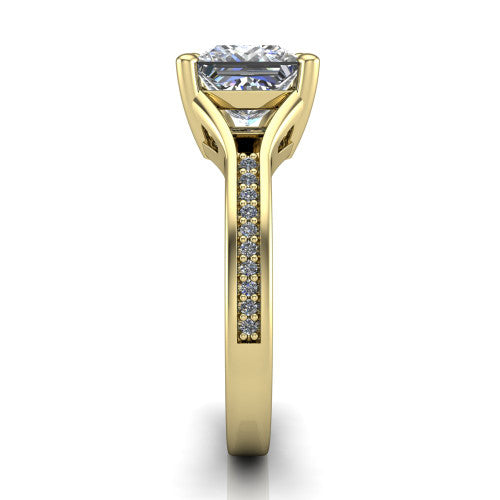 Isla princess classic solitaire engagement ring in 14K Yellow Gold, side profile showing the channel-set pav&eacute; split shank with polished edges rising to the princess center