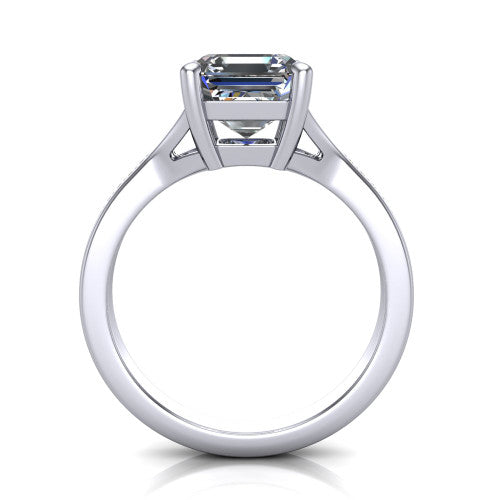 Isla square emerald classic solitaire engagement ring in Platinum, through-finger front profile showing the square emerald center raised above the channel-set split shank