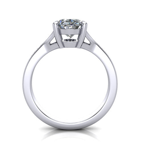 Isla oval classic solitaire engagement ring in 18K White Gold, through-finger front profile showing the oval center raised above the channel-set split shank