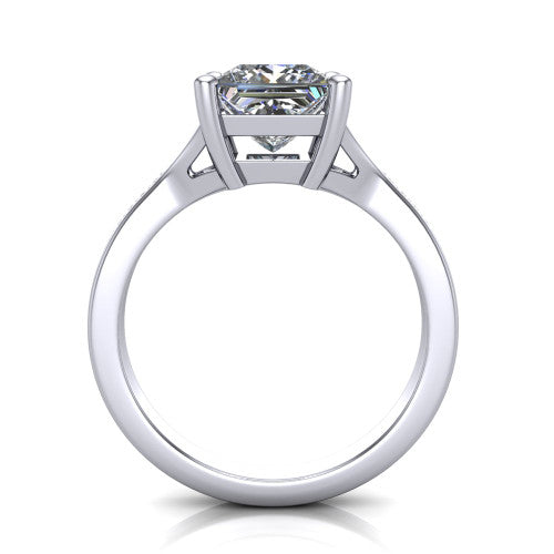 Isla princess classic solitaire engagement ring in 14K White Gold, through-finger front profile showing the princess center raised above the channel-set split shank