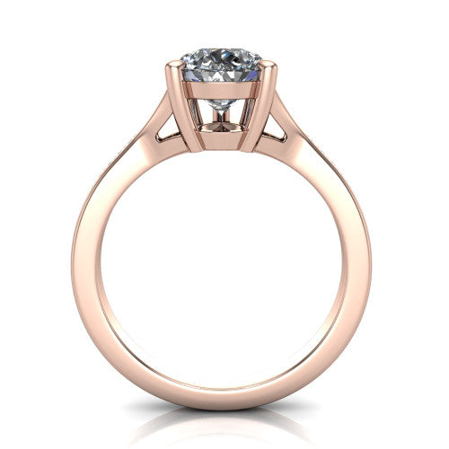 Isla pear classic solitaire engagement ring in 14K Rose Gold, through-finger front profile showing the pear center raised above the channel-set split shank