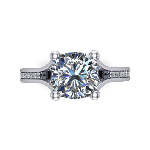 Isla cushion classic solitaire engagement ring in 18K White Gold, top-down view showing the four-prong cushion center and the channel-set diamond split band