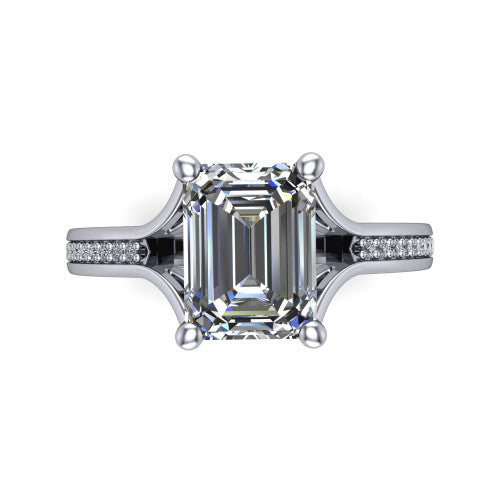 Isla emerald classic solitaire engagement ring in 14K White Gold, top-down view showing the four-prong emerald center and the channel-set diamond split band