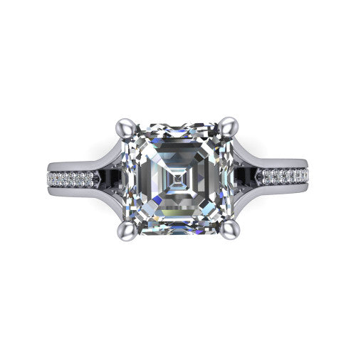 Isla square emerald classic solitaire engagement ring in 18K White Gold, top-down view showing the four-prong square emerald center and the channel-set diamond split band