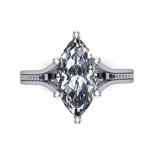Isla marquise classic solitaire engagement ring in 14K White Gold, top-down view showing the four-prong marquise center and the channel-set diamond split band