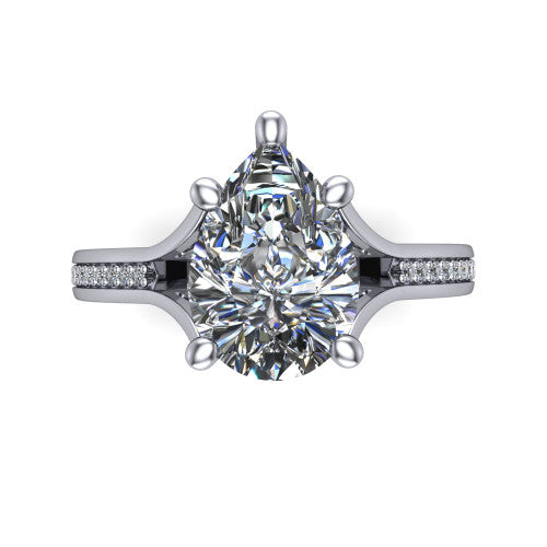 Isla pear classic solitaire engagement ring in 18K White Gold, top-down view showing the four-prong pear center and the channel-set diamond split band