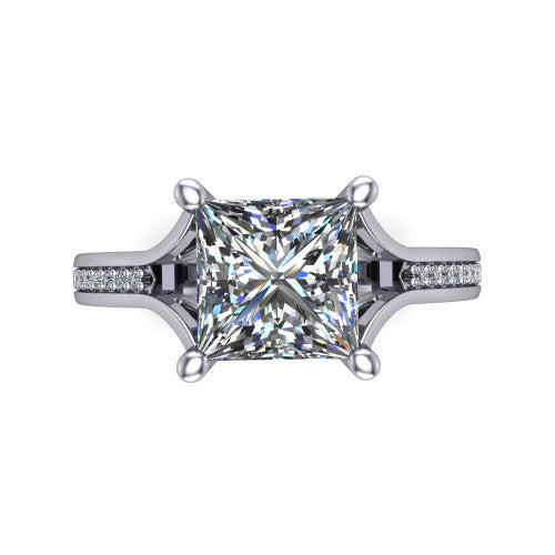 Isla princess classic solitaire engagement ring in Platinum, top-down view showing the four-prong princess center and the channel-set diamond split band