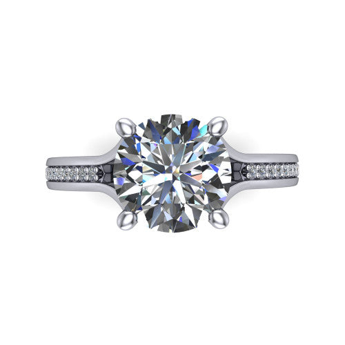 Isla round classic solitaire engagement ring in 18K White Gold, top-down view showing the four-prong round center and the channel-set diamond split band