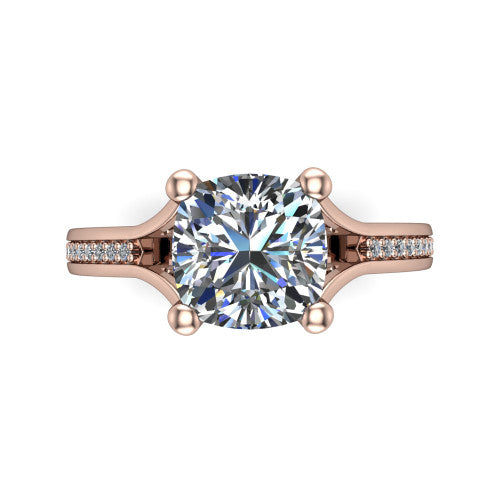 Isla cushion classic solitaire engagement ring in 14K Rose Gold, top-down view showing the four-prong cushion center and the channel-set diamond split band