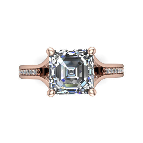 Isla square emerald classic solitaire engagement ring in 14K Rose Gold, top-down view showing the four-prong square emerald center and the channel-set diamond split band