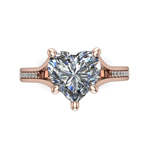 Isla heart classic solitaire engagement ring in 14K Rose Gold, top-down view showing the four-prong heart center and the channel-set diamond split band