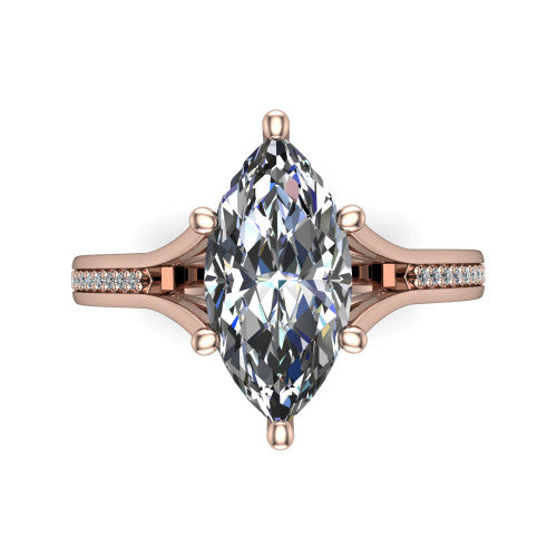 Isla marquise classic solitaire engagement ring in 14K Rose Gold, top-down view showing the four-prong marquise center and the channel-set diamond split band