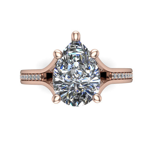 Isla pear classic solitaire engagement ring in 18K Rose Gold, top-down view showing the four-prong pear center and the channel-set diamond split band