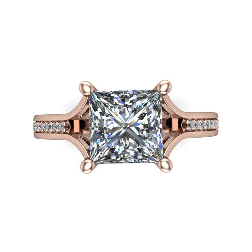 Isla princess classic solitaire engagement ring in 14K Rose Gold, top-down view showing the four-prong princess center and the channel-set diamond split band