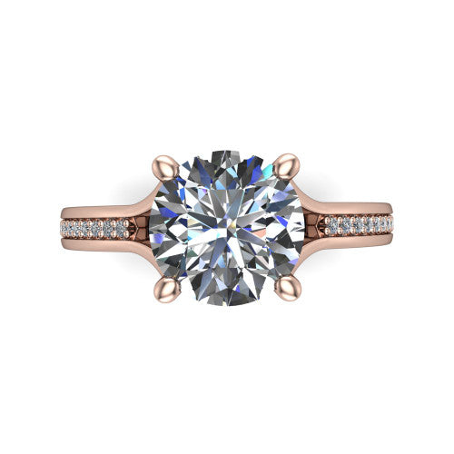 Isla round classic solitaire engagement ring in 18K Rose Gold, top-down view showing the four-prong round center and the channel-set diamond split band
