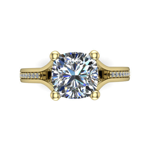 Isla cushion classic solitaire engagement ring in 14K Yellow Gold, top-down view showing the four-prong cushion center and the channel-set diamond split band