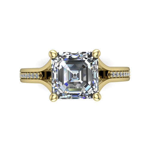Isla square emerald classic solitaire engagement ring in 14K Yellow Gold, top-down view showing the four-prong square emerald center and the channel-set diamond split band