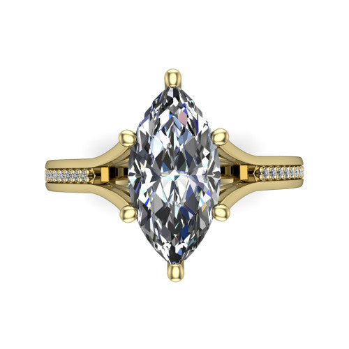 Isla marquise classic solitaire engagement ring in 18K Yellow Gold, top-down view showing the four-prong marquise center and the channel-set diamond split band