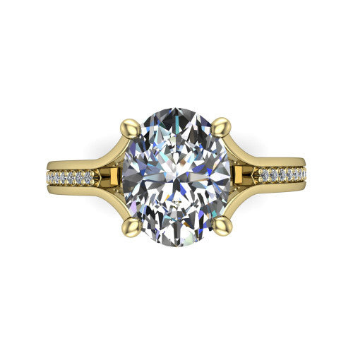 Isla oval classic solitaire engagement ring in 14K Yellow Gold, top-down view showing the four-prong oval center and the channel-set diamond split band