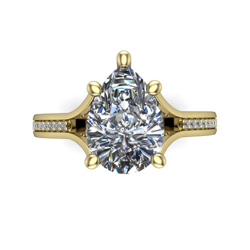 Isla pear classic solitaire engagement ring in 18K Yellow Gold, top-down view showing the four-prong pear center and the channel-set diamond split band