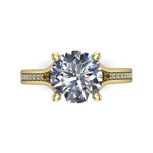 Isla round classic solitaire engagement ring in 18K Yellow Gold, top-down view showing the four-prong round center and the channel-set diamond split band
