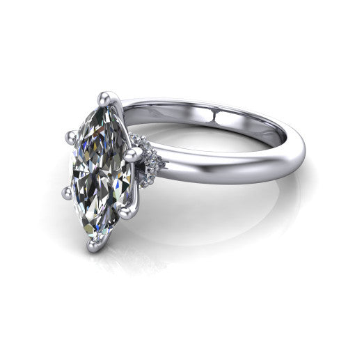 Delilah marquise hidden halo engagement ring in 18K White Gold, three-quarter perspective showing the marquise center on claw prongs above a plain band with a hidden pav&eacute; halo