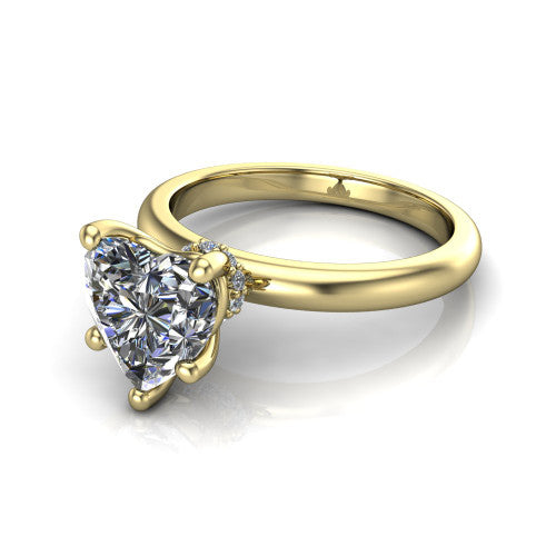 Delilah heart hidden halo engagement ring in 14K Yellow Gold, three-quarter perspective showing the heart center on claw prongs above a plain band with a hidden pav&eacute; halo