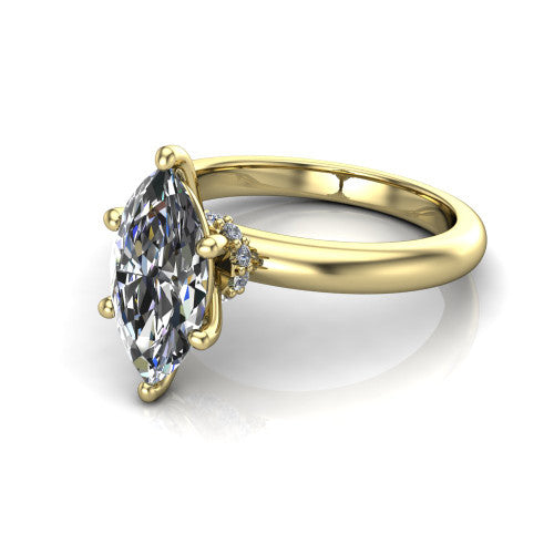 Delilah marquise hidden halo engagement ring in 14K Yellow Gold, three-quarter perspective showing the marquise center on claw prongs above a plain band with a hidden pav&eacute; halo